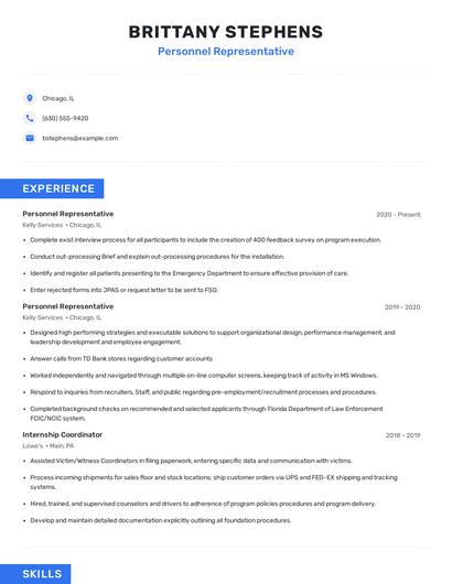 Personnel Representative Resume