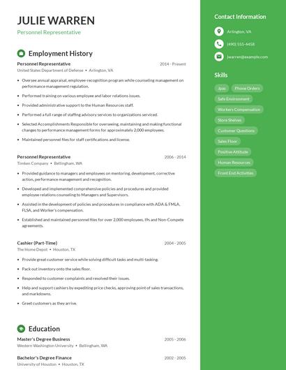 Personnel Representative Resume