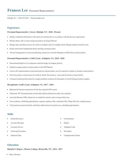 Personnel Representative Resume