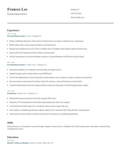 Personnel Representative Resume