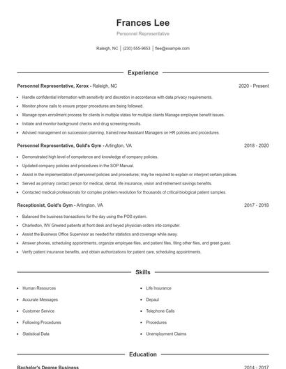 Personnel Representative Resume