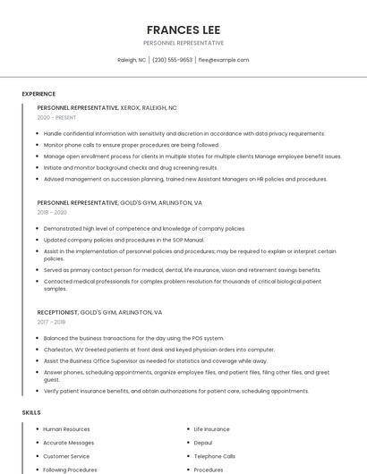 Personnel Representative Resume