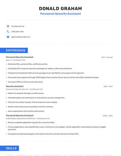 Personnel Security Assistant Resume
