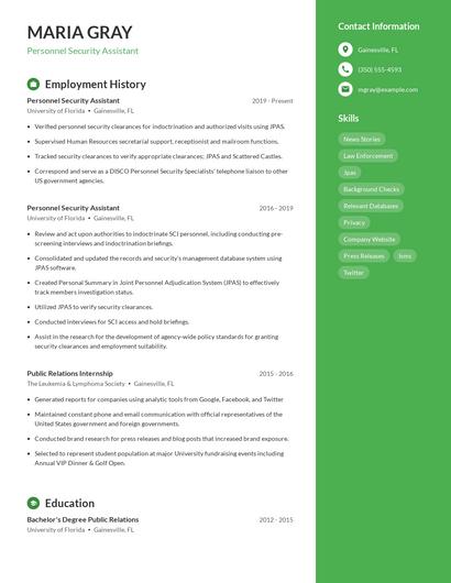 Personnel Security Assistant Resume