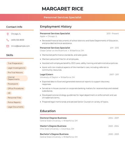 Personnel Services Specialist Resume