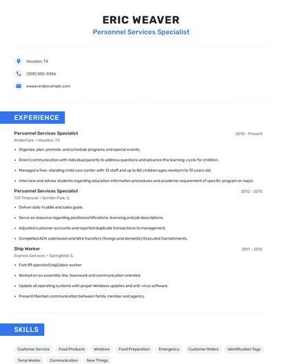 Personnel Services Specialist Resume