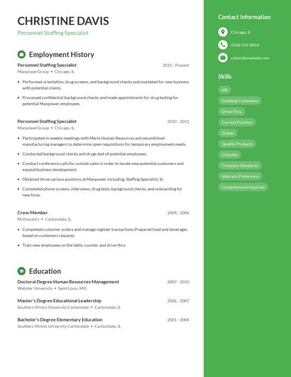 Personnel Staffing Specialist Resume