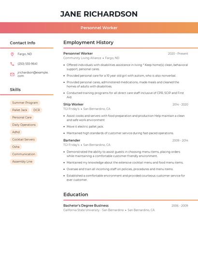 Personnel Worker Resume