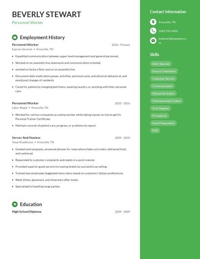 Personnel Worker Resume