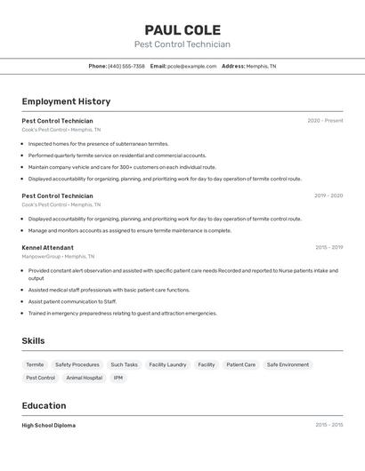 Pest Control Technician Resume