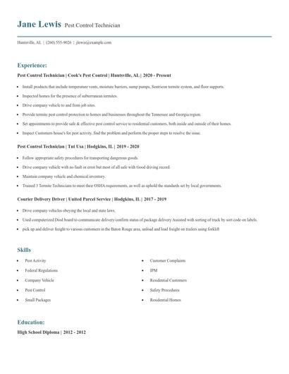 Pest Control Technician Resume