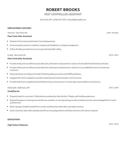 Pest Controller Assistant Resume