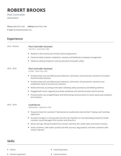 Pest Controller Assistant Resume