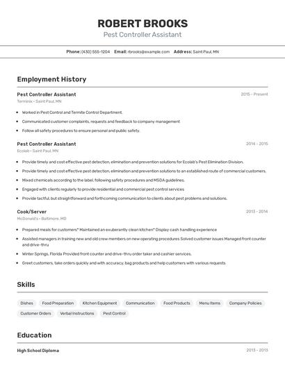 Pest Controller Assistant Resume