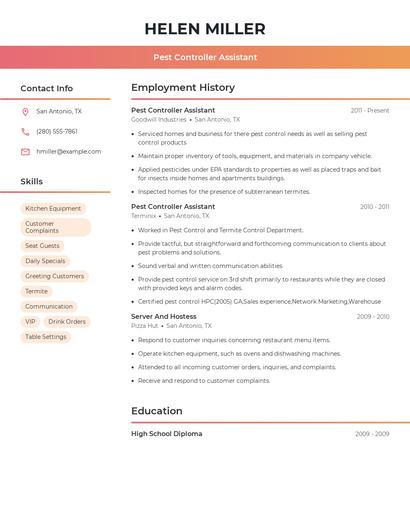 Pest Controller Assistant Resume