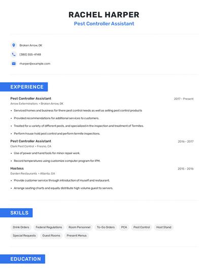 Pest Controller Assistant Resume