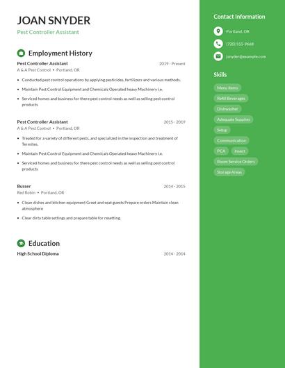 Pest Controller Assistant Resume