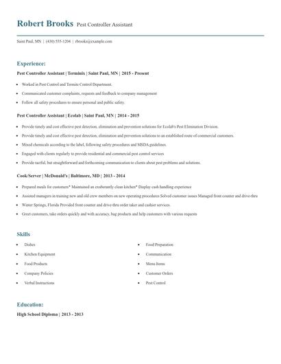 Pest Controller Assistant Resume