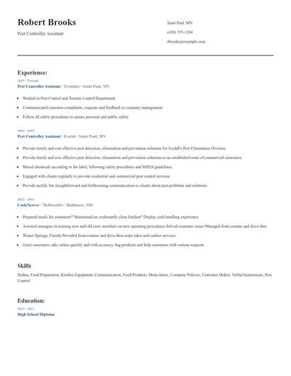 Pest Controller Assistant Resume