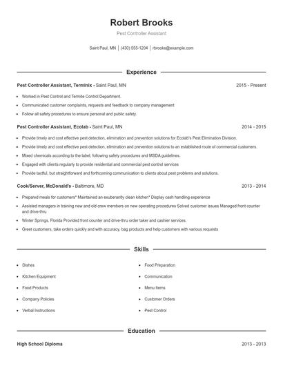 Pest Controller Assistant Resume