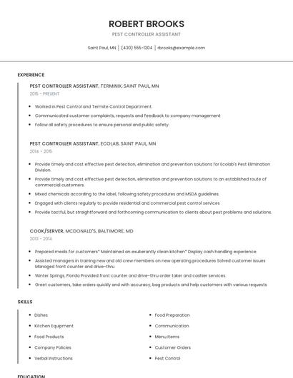 Pest Controller Assistant Resume