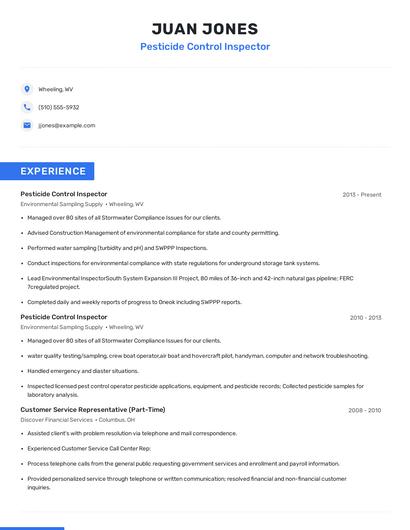 Pesticide Control Inspector Resume