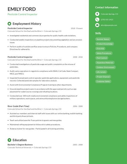 Pesticide Control Inspector Resume