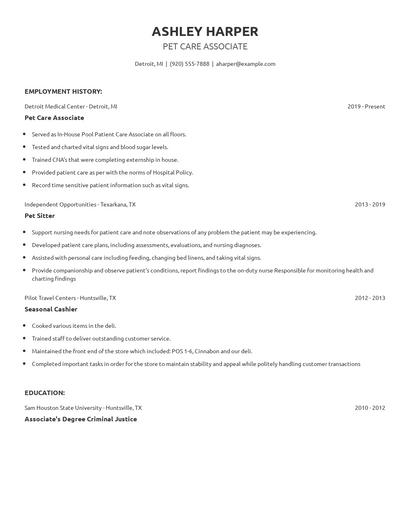 Pet Care Associate Resume