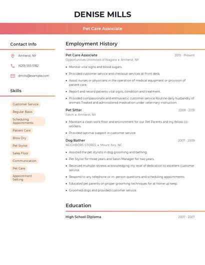 Pet Care Associate Resume