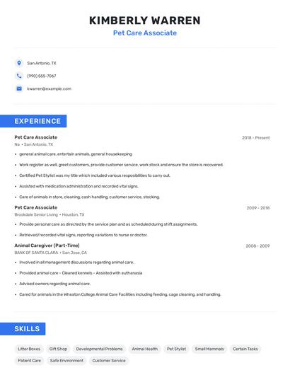 Pet Care Associate Resume