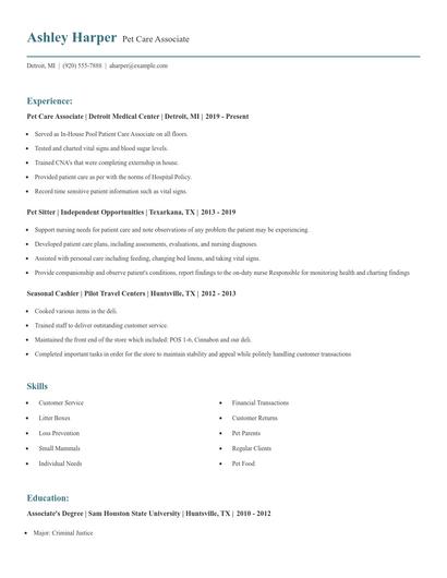 Pet Care Associate Resume