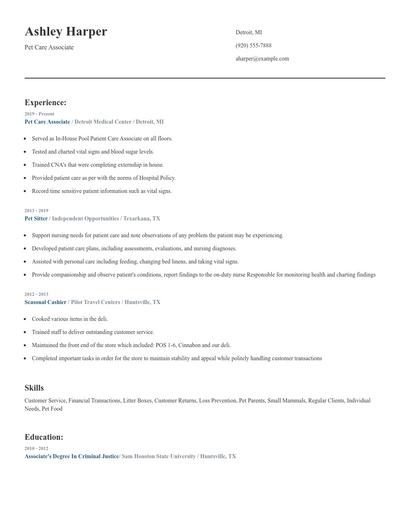 Pet Care Associate Resume