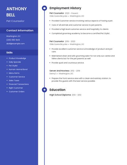 Pet Counselor Resume