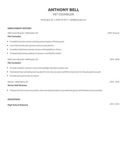 Pet Counselor Resume