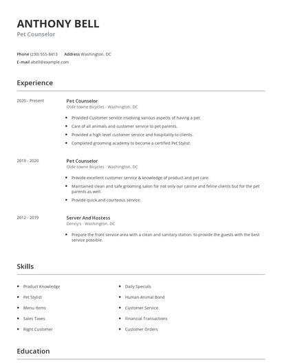 Pet Counselor Resume