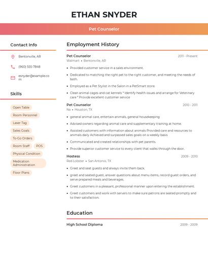 Pet Counselor Resume