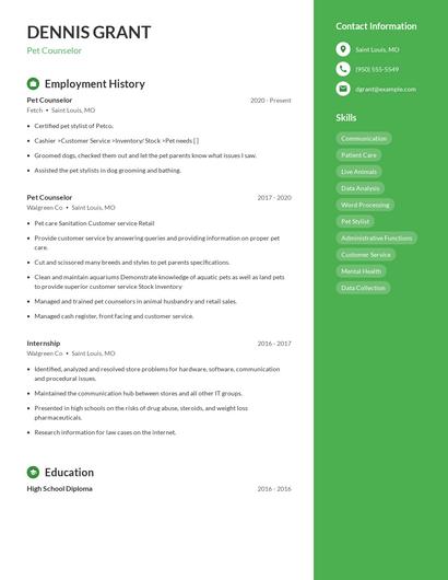 Pet Counselor Resume