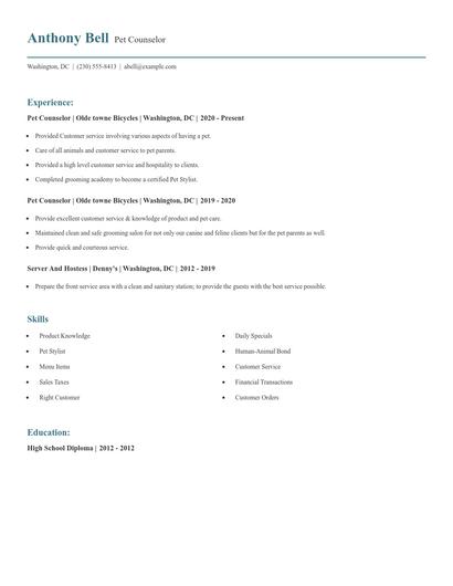 Pet Counselor Resume