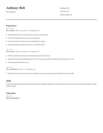 Pet Counselor Resume