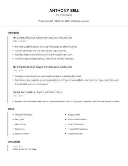 Pet Counselor Resume