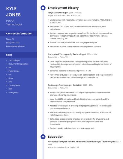 Pet/Ct Technologist Resume