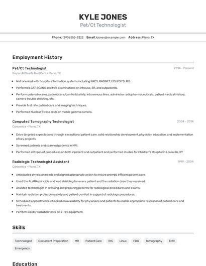 Pet/Ct Technologist Resume