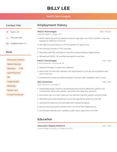 Pet/Ct Technologist Resume