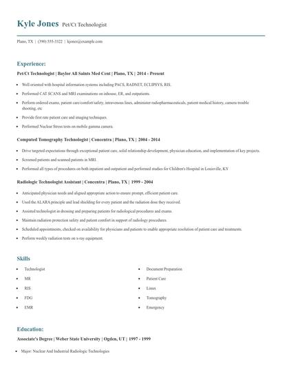 Pet/Ct Technologist Resume