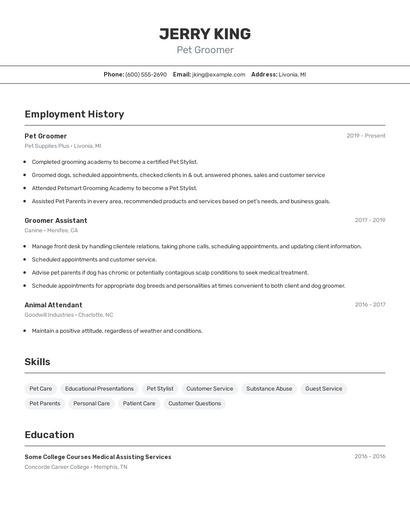 Pet Groomer Resume