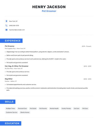 Pet Groomer Resume