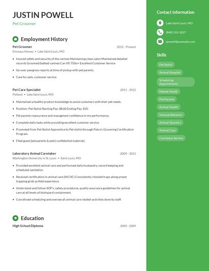 Pet Groomer Resume