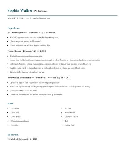 Pet Groomer Resume
