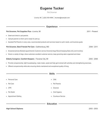 Pet Groomer Resume