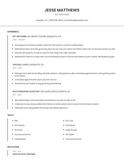 Pet Groomer Resume